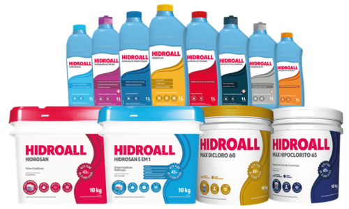 Novas embalagens e identidade visual da Hidroall Expolazer 2026 para tratamento de piscinas